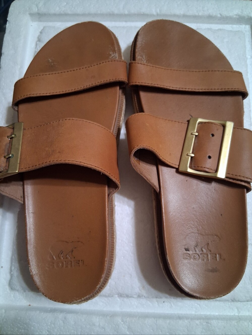 Sorel Brown Leather Slide Sandals with Gold Buckle, Sz 7.5